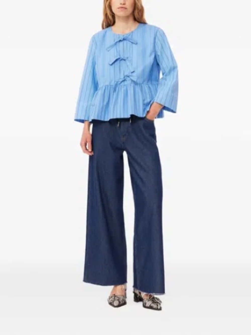 GANNI Striped Cotton-blend Peplum Top In Blue